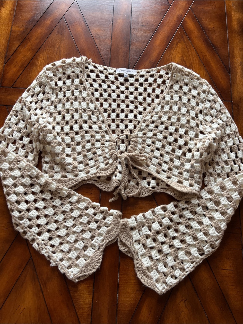 emory park Crochet Tie-Front Crop Cardigan in Cream and Tan